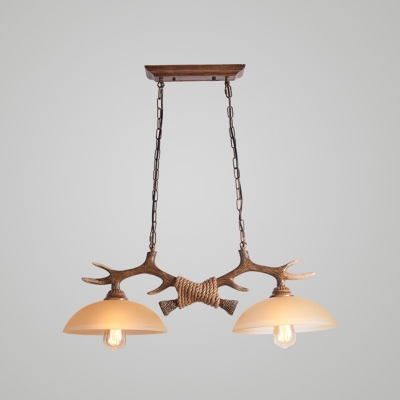 Rustic Bare Branch Island Lamp 2 Lights Wooden Pendant Light in Brown with Bowl Beige Glass Shade