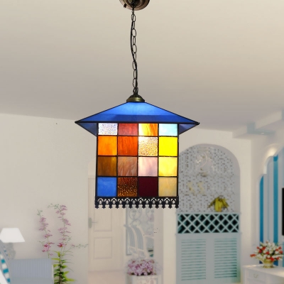 Single House Shaped Suspension Lamp Mediterranean Blue Mosaics Glass Down Lighting Pendant with Hanging Chain/Cord