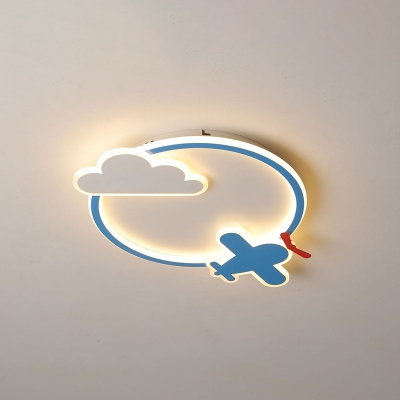 Small/Large Airplane and Cloud Flush Light Kids Acrylic Blue LED Circle Ceiling Mounted Lamp in Warm/White Light