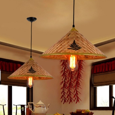 Straw Hat Ceiling Pendant South East Asia Bamboo 1-Light Restaurant Hanging Light Fixture in Wood