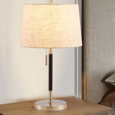 Tapered Drum Night Table Light Simplicity Fabric 1-Light Brass/Nickel Nightstand Lamp with Pull Switch