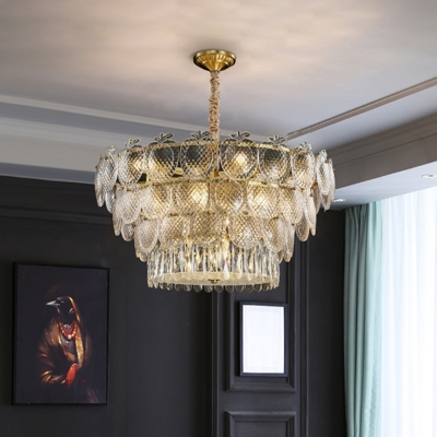 Tiered Apple Shaped Ceiling Hang Light Postmodern Lattice Glass 8/12/15 Bulbs Dining Room Chandelier in Gold