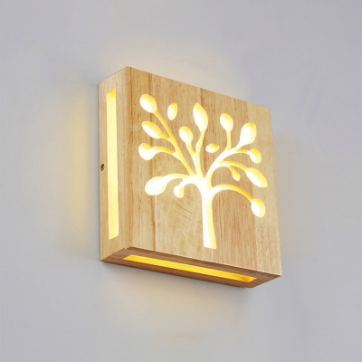 Tree/Antler Cutouts Flush Mount Stylish Modern Wood Bedside LED Square Wall Sconce in Warm/White/3 Color Light
