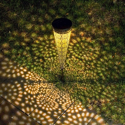 Turkish Etched Cone Solar Stake Lamp Iron Outdoor LED Pathway Light in Gold and Black