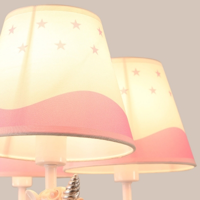 Unicorn Kids Bedroom Chandelier Resin 5 Lights Cartoon Ceiling Hang Lamp with Cone Fabric Shade in Pink/Blue