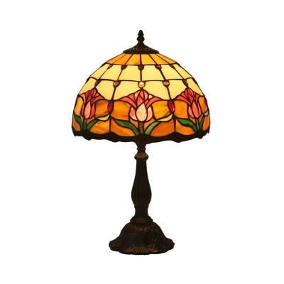 1 Head Dome Nightstand Light Traditional Yellow Stained Glass Table Lamp for Bedroom