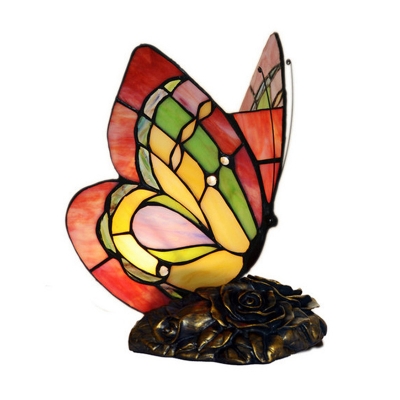 1-Light Butterfly Night Lamp Tiffany Red Handcrafted Glass Table Light with Carved Rose Base