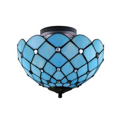 2 Bulbs Jewel Web Ceiling Light Mediterranean White/Blue/Beige Hand-Cut Glass Semi Flush Mount Lamp