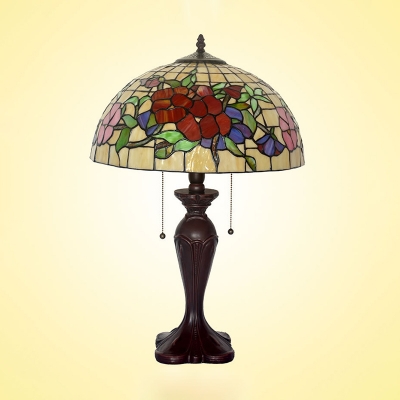 2-Light Night Stand Lamp Tiffany Dome Hand-Cut Stained Glass Table Light with Pull Chain in White