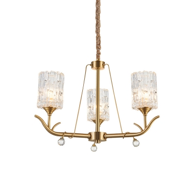 3/6/8 Heads Cylindrical Hanging Light Postmodern Brass Clear Textured Glass Chandelier over Table