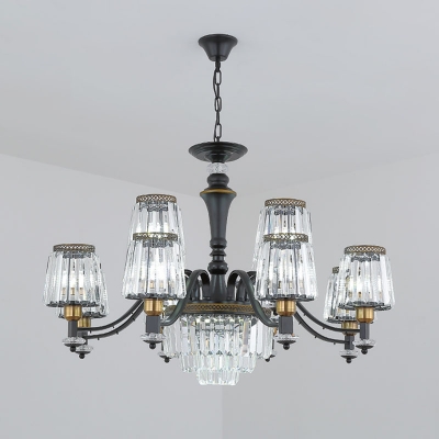 3/6/8 Lights Suspension Lamp Retro Living Room Chandelier with Tapered Clear Prismatic Crystal Shade in Black