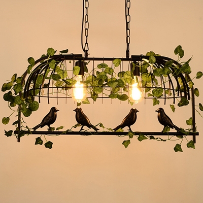 Black/Gold Cage Island Lamp Rustic Metal 2/3/4 Lights Dining Room Hanging Light Fixture with Vine Decoration, Small/Large