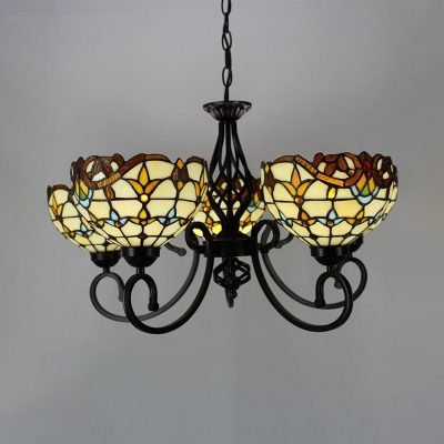 Bowl Up Pendant Light Fixture Baroque Stained Glass 5-Light Beige Chandelier Lamp