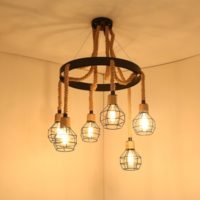 Candle/Cage/Cylinder Restaurant Chandelier Rustic Hemp Rope 6/8/13-Light Black and Brown Hanging Lamp