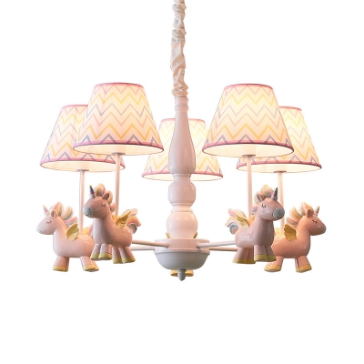 Carousel Girls Bedroom Chandelier Resin 5-Bulb Cartoon Drop Lamp with Chevron Print Fabric Shade in Pink