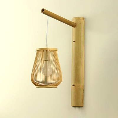 Chinese 1-Light Wall Mount Light Wood Oval/Column/Oblong Wall Hanging Lamp with Bamboo Shade for Corridor