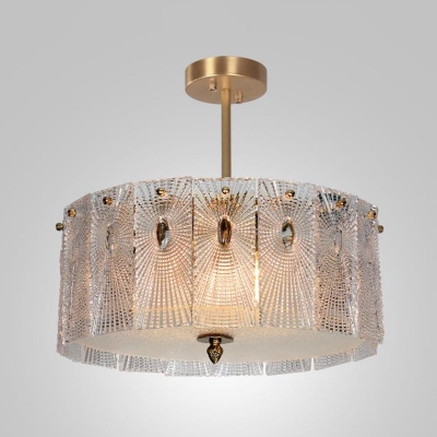 Clear Carved Glass Drum Drop Pendant Minimalist Chandelier Lamp in Gold for Dining Room, 8