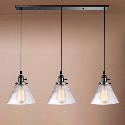 Clear Glass Cone Cluster Pendant Industrial 3 Lights Bedroom Hanging Lamp in Black/Brass/Rose Gold, Round/Linear Canopy