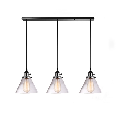 Clear Glass Cone Cluster Pendant Industrial 3 Lights Bedroom Hanging Lamp in Black/Brass/Rose Gold, Round/Linear Canopy