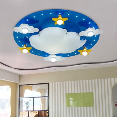 Cloudy Kindergarten Ceiling Lighting Wood 3 Lights Cartoon Flush Mounted Lamp in Blue