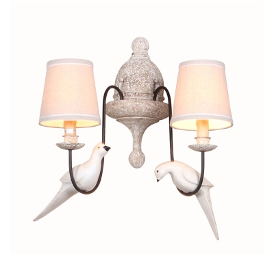 Fabric Beige Wall Lamp Conical 2-Light Farmhouse Wall Mount Lighting with Swoop Arm and Bird Decor