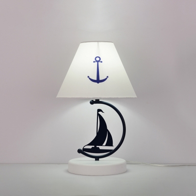 Fabric Empire Shade Table Lamp Kids 1 Head White Night Light with Sailboat Deco