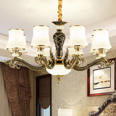 Flared 1/2-Tier Chandelier Contemporary White Glass 6/8/15-Head Bedroom Ceiling Hang Lamp in Brass