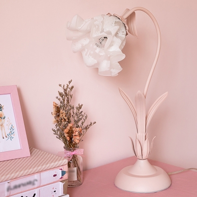 Frosted White Glass Ruffle Night Lamp Pastoral Flower Single Bedside Table Light in Pink