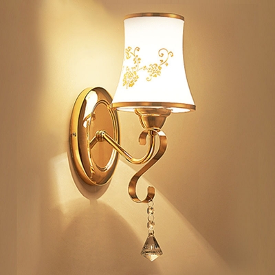 Gold 1/2-Bulb Wall Light Kit Traditional Carved/White Glass Tapered/Flower Wall Lamp Fixture with Crystal Accent