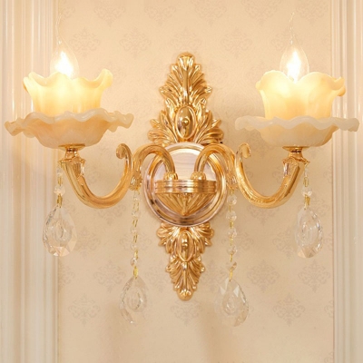 Lotus/Bowl/Ruffle Bedside Wall Lamp Traditional Clear/Frosted Glass 1/2-Light Gold Wall Sconce with Crystal Drop