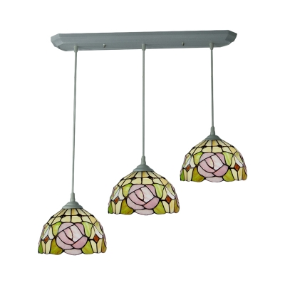 Peony Patterned Bowl Pendant Light 3-Light Stained Glass Tiffany Multi Hanging Lamp in White