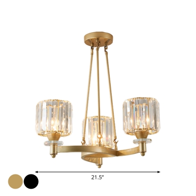 Post-Modern Circular Chandelier 3/6/10 Bulbs Metal Hanging Lamp in Black/Gold with Cylinder Crystal Shade