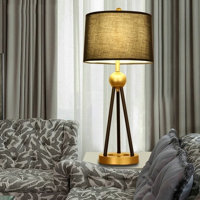 Post-Modern Drum Floor Light Fabric 1 Head Living Room Standing Floor Lamp with Open Cone Base in Black and Brass