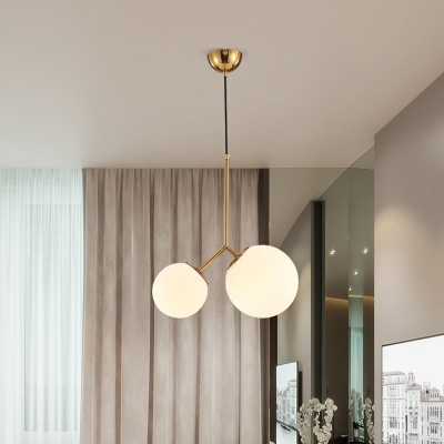 Postmodern Ball Chandelier Pendant Milk Glass 2 Heads Dining Room Ceiling Hang Light in Gold