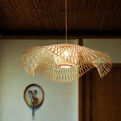 Ruffle Restaurant Pendant Lighting Bamboo 1 Head Contemporary Ceiling Hang Light in Wood, Small/Medium/Large