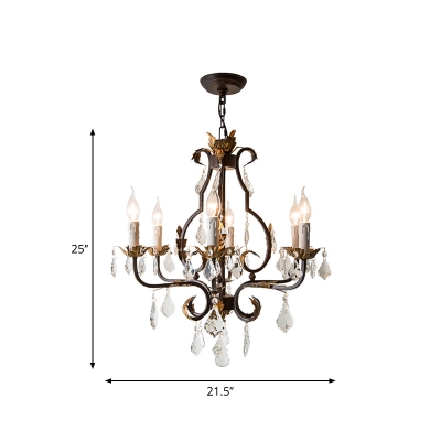 Rust 6/8-Bulb Chandelier Vintage Iron Candle Style Hanging Ceiling Light with Crystal Drop