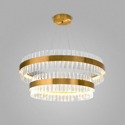 Simplicity 1/2/3-Layered Pendant Light Kit Crystal Living Room LED Chandelier in Gold, 31.5