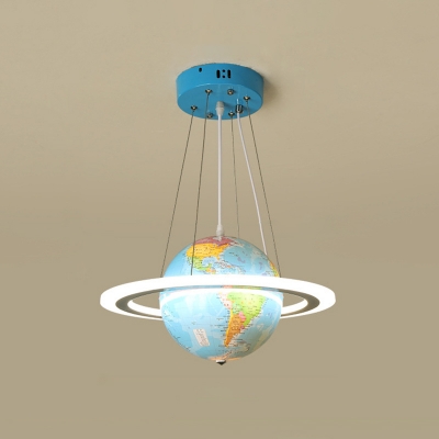 Small/Large Kids LED Pendant Chandelier Blue Ringed Earth Planet Hanging Light with PVC Shade