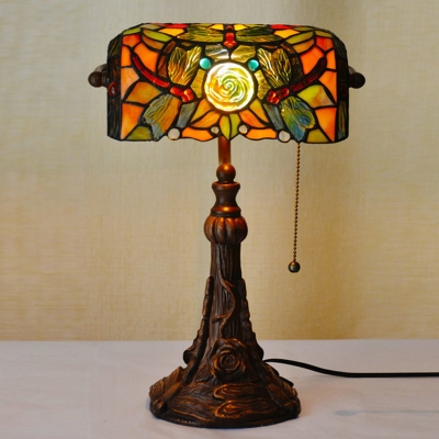 Stained Glass Yellow Piano Desk Lamp Dragonfly 1-Light Tiffany Pull-Switch Bankers Lamp with Flared Carved Base