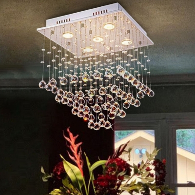 Stainless Steel Square Flushmount Light Modern Crystal Orb 5-Light Bedroom Ceiling Flush Light
