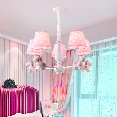 Star Print Fabric Conical Chandelier Cartoon 3/5/8 Heads Pink Hanging Light with Horse Decor