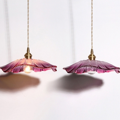 Stylish Rustic Flower Pendant Lighting 1 Head Hand-Blown Purple/Clear/Yellow Glass Suspended Lighting Fixture in Brass