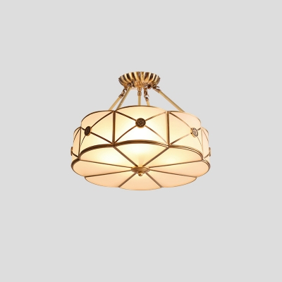 Traditional Floral Drum Chandelier 4/6-Light Frosted White Glass Flushmount/Downrod Ceiling Light in Gold