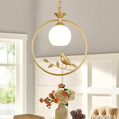 White Glass Dome/Flared Pendulum Light Lodge 1 Bulb Dining Room Hanging Lamp with Ring and Bird Deco, Black/Gold/Black-Gold