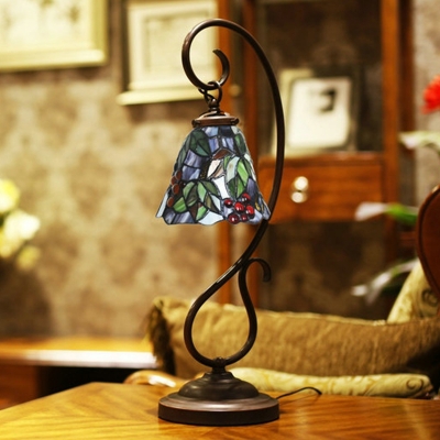 1 Bulb Grape Pattern Table Lamp Tiffany Yellow Hand-Cut Glass Nightstand Light with Scrolling Arm