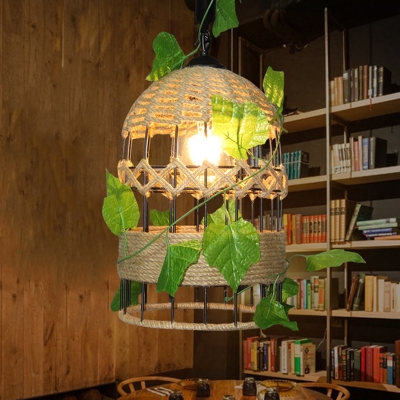 1 Head Elongated Dome Pendant Light Fixture Countryside Beige Rope Ceiling Lamp with Plant Decor