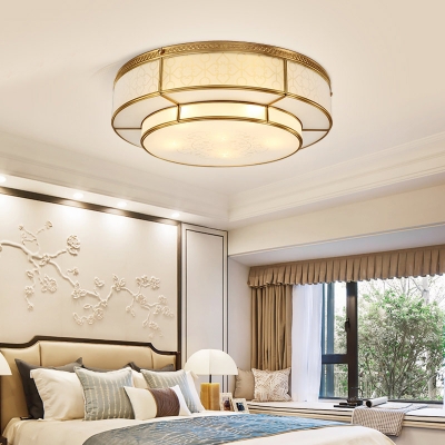 2-Tier Living Room Ceiling Lamp Simplicity Patterned Glass 4/8-Bulb Gold Flush Mount Lighting