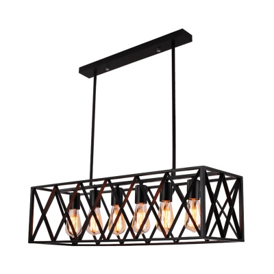 4/6 Lights Island Pendant Industrial Rectangular X-Cage Iron Hanging Lamp in Black for Bistro