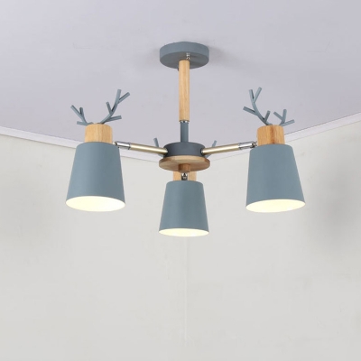 Adjustable Tapered Chandelier Lamp Nordic Metal 3/6 Bulbs Grey/White/Green and Wood Hanging Light with Antler Decor
