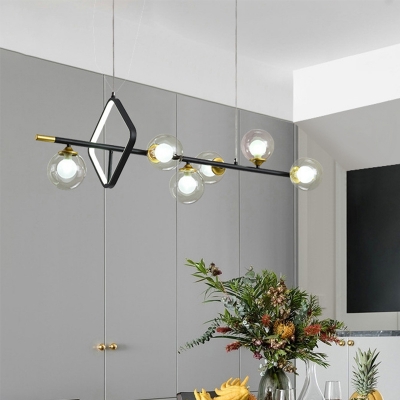 Ball and Round/Square Island Lamp Modern Clear Glass 6 Heads Dining Room Hanging Pendant in Black